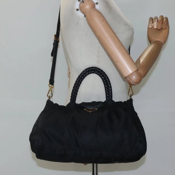 PRADA ribbon Hand Bag Nylon Leather 2way Black Gold Auth ki5666 - Picture 14 of 16